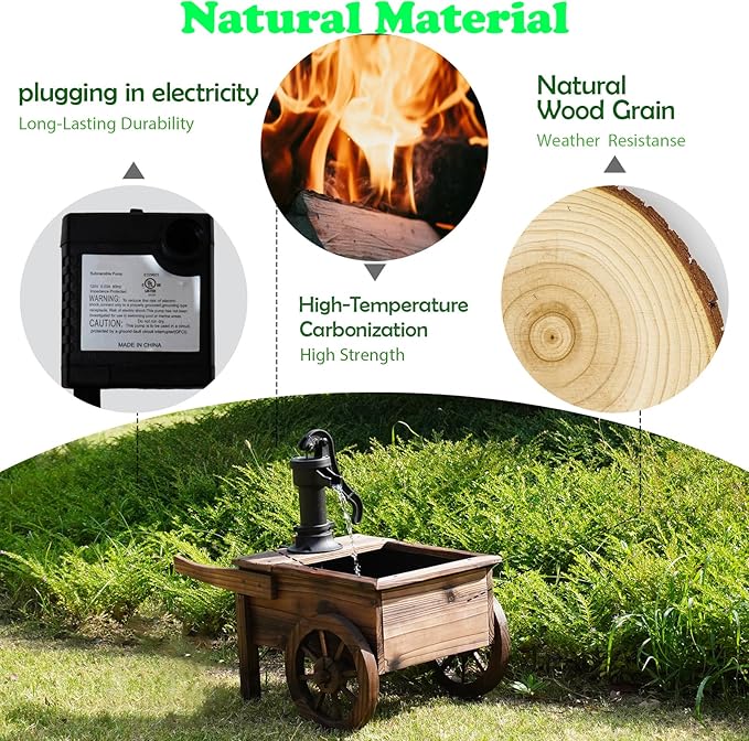 Carbonized Wood Outdoor Freestanding Fountain - Movable Vintage Hand Pump Cart, Plug-in Water Pump Electric Decorative Water Feature for Patio, Garden & Indoor Decoration - Bloomnest