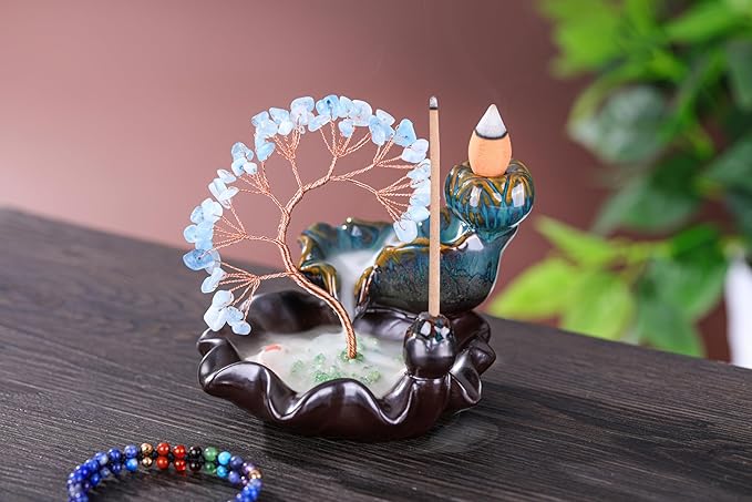 Jovivi Backflow Incense Burner Ceramic Incense Waterfall, Natural Aquamarine Healing Crystal Money Tree Incense Holder for Wealth, Good Luck, Yoga Meditation, Home Decor - Bloomnest
