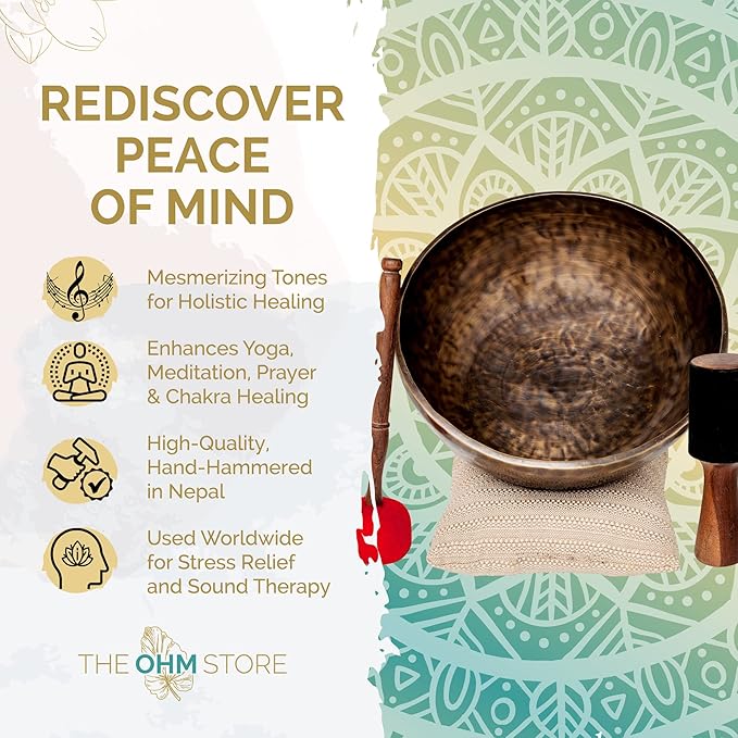 Large Tibetan Singing Bowl Set by Ohm Store — Jupiter Pure Bronze Meditation Sound Bowl 12 Inches, 2 Mallets and a Cushion — Sound Bath Instrument to Enhance Yoga, Prayer, Chakra Healing, and Mindset - Bloomnest