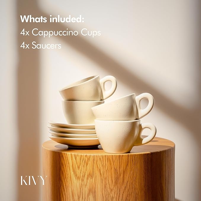 KIVY Cappuccino cups set [4x 8oz] - Thick-walled stoneware cappuccino cup set for latte art - Cappuccino coffee cups - Tazas de cafe - Latte cups - Ceramic latte art cup and saucer set of 4 - Bloomnest