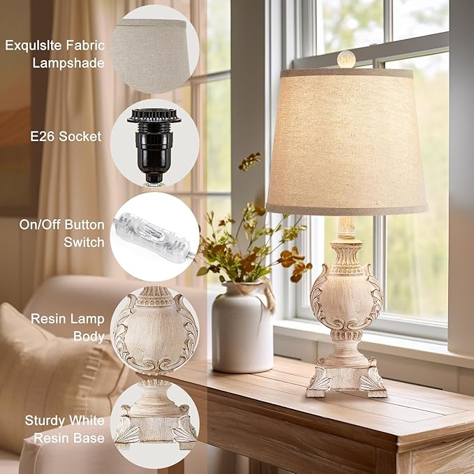 21'' Small Table Lamps Set of 2 Farmhouse Bedside Lamps for Bedroom Nightstand Vintage Carved Floral Side Table Lamps for Living Room Kids Home Office, Wooden Finish, Bulb Not Include - Bloomnest