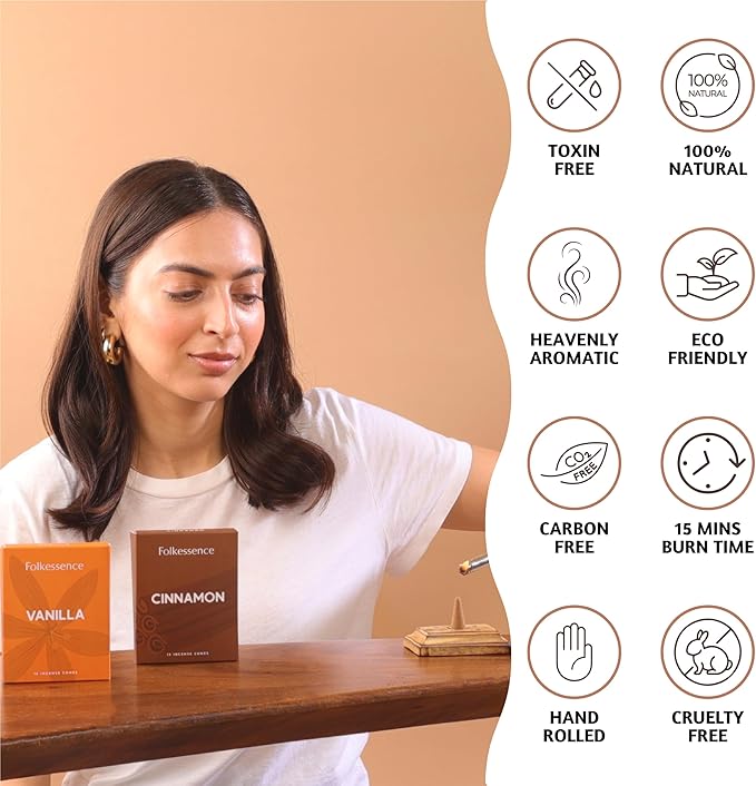 Folkulture Incense Cones (30 Cones) | Set of 2 Premium Insence Cones for Energy, Healing, Aromatherapy Gifts | No Charcoal, Organic, Non Toxic Vanilla & Cinnamon Scented Inscents-Cones FOLKULTURE