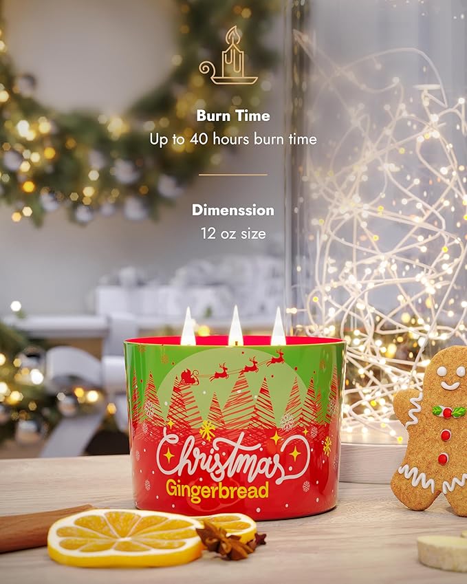 96NORTH Luxury Christmas Candle Gingerbread Scented | Large 3-Wick Jar Candle | Up to 40 Hours Burning Time | 100% Natural Soy Wax | Ideal Christmas Candles Gift - Bloomnest