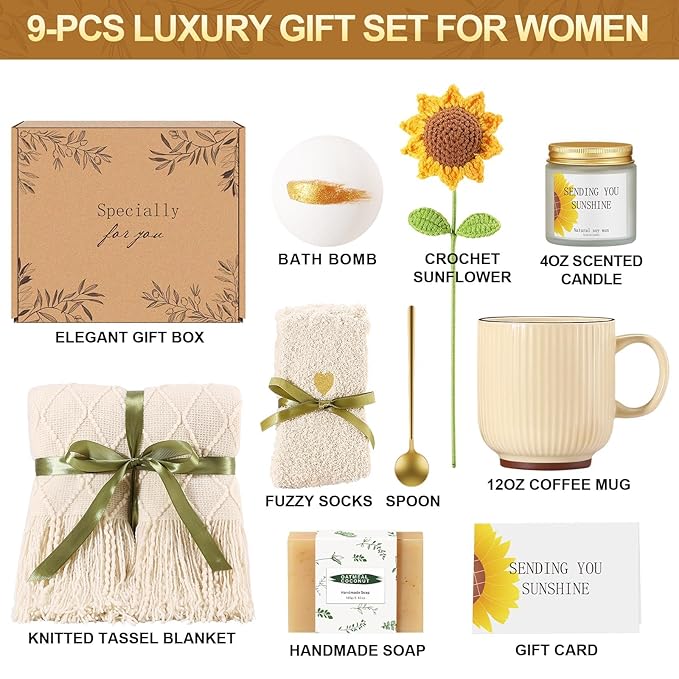 Self Care Gifts for Women Birthday Gift Basket, Sending Sunshine Care Package Get Well Soon Spa Gift Basket, Thinking of You Christmas Birthday Gifts for Women Mom Best Friend Wife Her - Bloomnest
