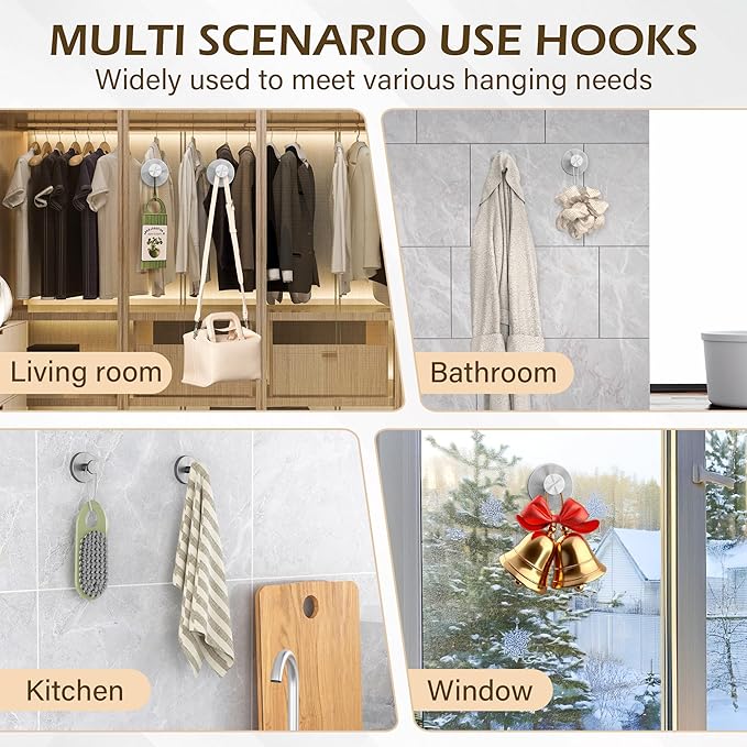Shower Suction Cup Hooks, Heavy Duty Bathroom Wall Hooks for Towels, Robes, Loofahs, Removable Metal Hook for Tile Glass Mirror, No Drill(4 Pack, Silver) - Bloomnest