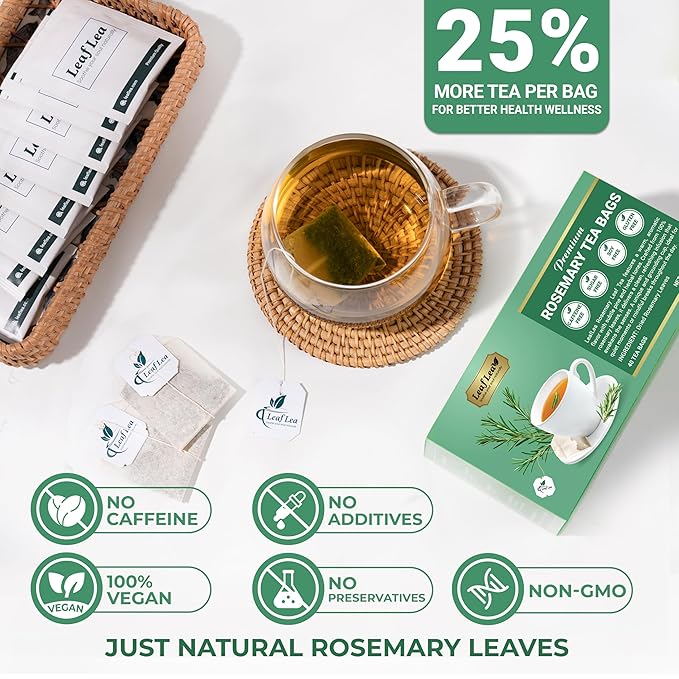 LeafLea 80 Rosemary Leaf Tea Bags, 100% Pure Rosemary Herbal Tea, Gentle Digestive Comfort & Relaxing, Te De Romero Featuring Subtle, Natural Flavor, Caffeine-Free, Sugar-Free, Non-GMO, Vegan - Bloomnest