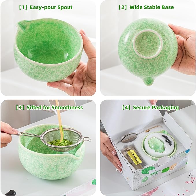 TEANAGOO Matcha Whisk Set,7 Pcs Matcha Set Green,Ceremony Matcha Kit,Matcha Tea Set for Making Latte,Ceramic Bowl(chawan) whith Spout and Whisk,Gift for Matcha Lovers - Bloomnest