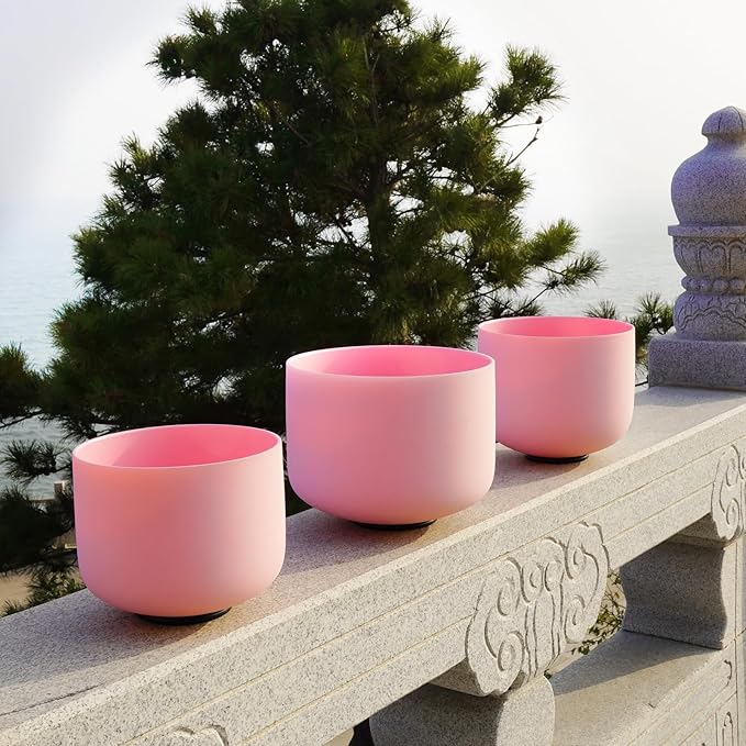 Hye-eun 432HZ Crystal Singing Bowls Set，7-11 Inch 3pcs Frosted Pink Quartz Chakra Bowl for Meditation Sound Healing with Travel Carry Case Bag Yoga Meditation Healing Sound Therapy (7"A 9"E 11"D) - Bloomnest