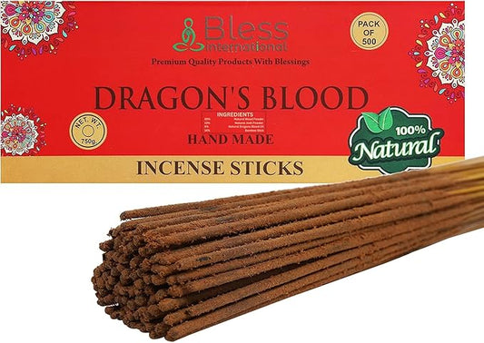 Bless-Dragons-Blood 100%-Natural-Handmade-Hand-Dipped Organic-Chemicals-Charcoal-Free Purification-Relaxation-Positivity-Yoga-Meditation Best-Woods-Scent (500 Sticks (26 OZ))