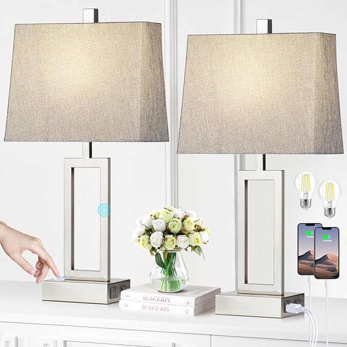 Touch Control Table Lamps Set of 2, Modern Silver Bedside Lamps with USB A+C Ports & AC Outlet, 3 Way Dimmable Contemporary Nightstand Lamps for Bedroom Living Room(LED Bulb Included) - Bloomnest