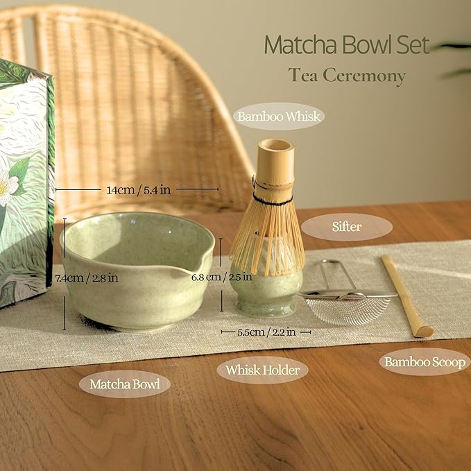Matcha Whisk Set, Matcha Set, Handcrafted Bamboo Chasen & Ceramic Bowl Matcha Kit, 5 Pcs Matcha Set Whisk and Bowl with Stainless Steel Sifter, Tea Ceremony, Jade - Bloomnest