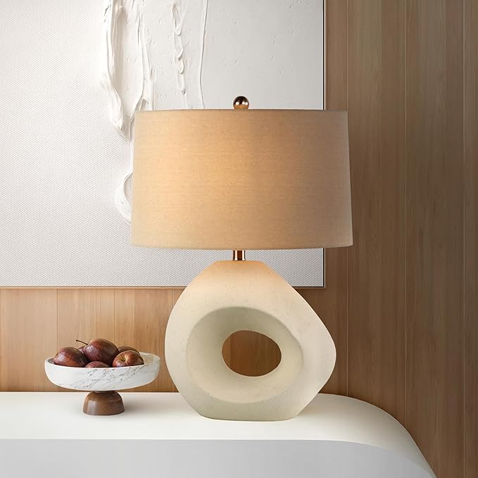 Abani Table Lamp Iris Sculptural 23” – Modern Organic Cream Ceramic Open-Circle Base with Grey Linen Shade – E26 Bulb Included – Stylish Desk Lamp for Bedroom, Living Room Lamp, Dorm or Nightstand - Bloomnest