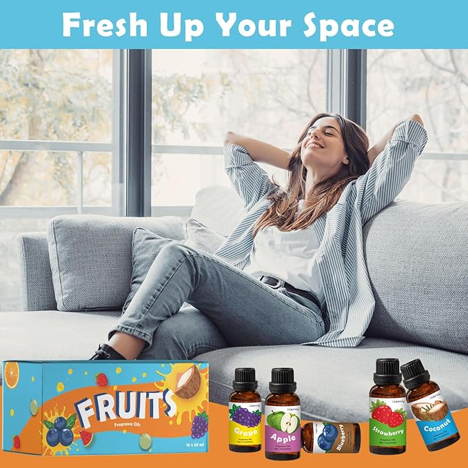 Holamay Fruit Essential Oils for Diffusers for Home, Fragrance Oil for Soap Making, Candle Scents for Candle Making 30ml x 10 - Coconut, Strawberry, Mango, Pineapple, Large Size Aromatherapy Oils Set - Bloomnest