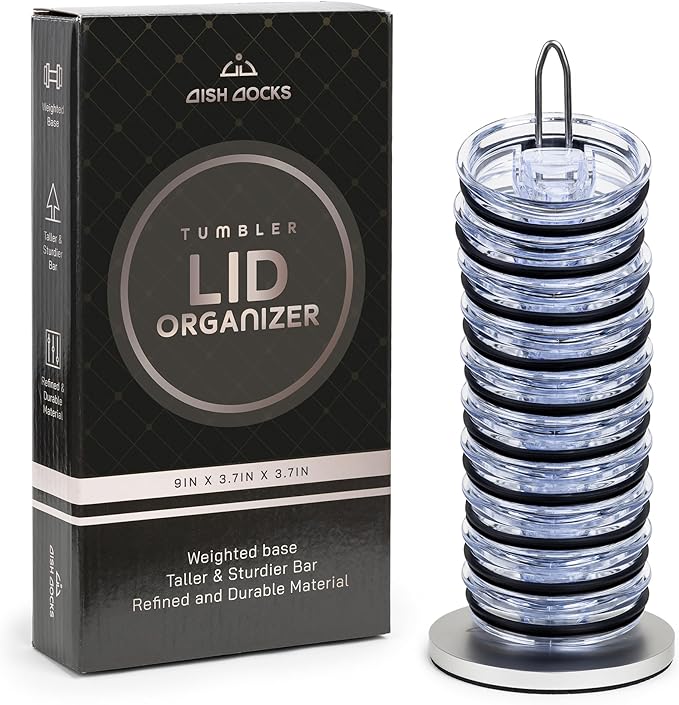 Tumbler Lid Organizer for Cabinet & Countertop - Slim Space-Saving Lid Holder with 9" Sturdy Bar & Weighted, Non-Slip Base - Vertical Storage Cup Lid Organizer - Collapsible Lid Rack for 10 Lids - Bloomnest