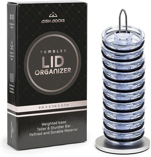 Tumbler Lid Organizer for Cabinet & Countertop - Slim Space-Saving Lid Holder with 9" Sturdy Bar & Weighted, Non-Slip Base - Vertical Storage Cup Lid Organizer - Collapsible Lid Rack for 10 Lids - Bloomnest
