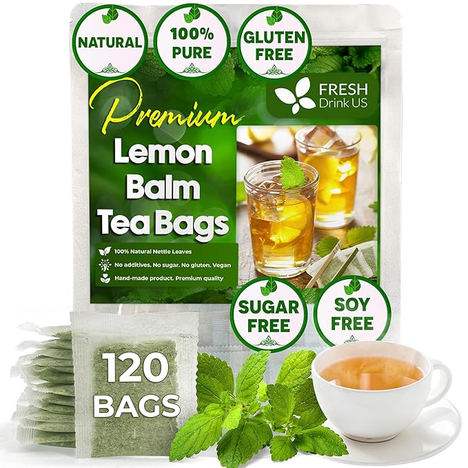 FreshDrinkUS, Premium 120 Lemon Balm Leaf Tea Bags, 100% Natural & Pure from Lemon Balm Leaves. Loose Leaf Lemon Balm Herbal Tea. Lemon Balm Leaf Tea. No Sugar, No Caffeine, No Gluten, Vegan. Lemon Balm Tea - Bloomnest