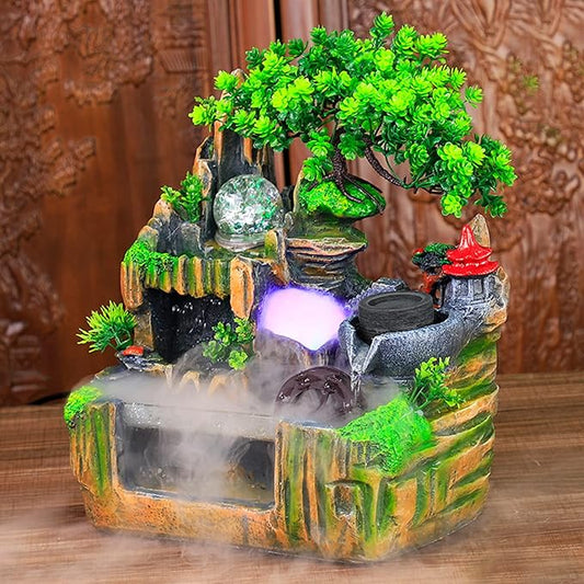 Rockery Fountain Indoor Tabletop Water Fountains Atomizing Humidifier Fountain Desktop Decorations, with LED Light, 110V Waterfall with Rockery Resin Ornament for Home, Office Decoration.