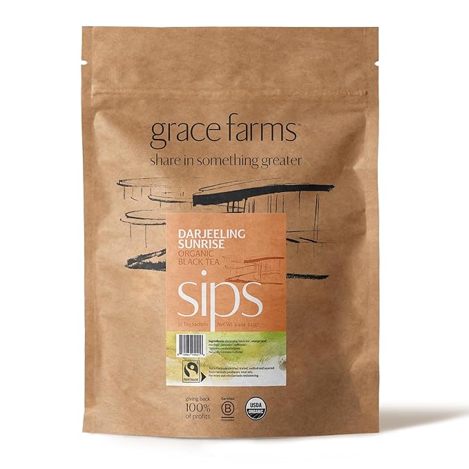Grace Farms Organic Darjeeling Sunrise Black Tea, 50 Sachet Pouch | Darjeeling & Orange | Fairtrade & Kosher |Gives Back 100% of Profits - Bloomnest