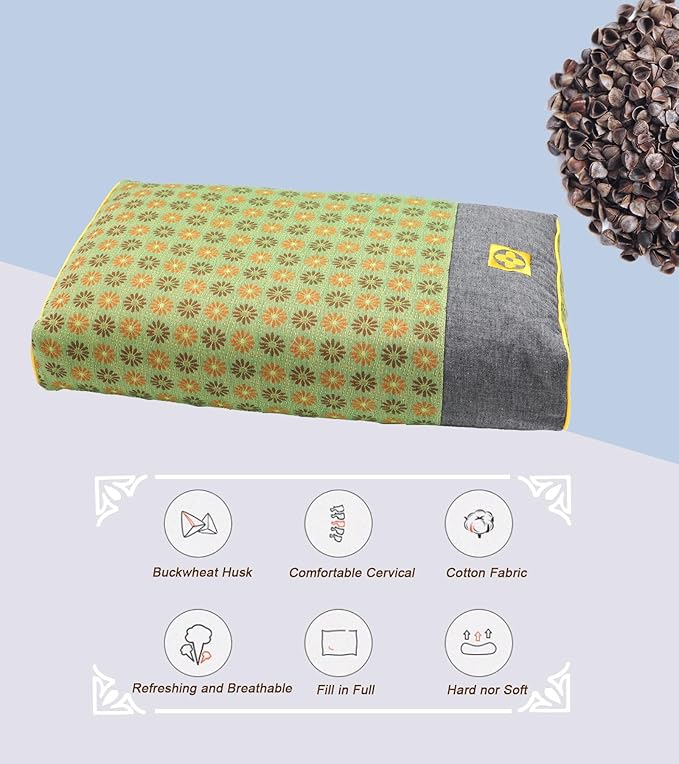 Buckwheat Neck Pillow Medium Firm, Buckwheat Hull Flat Pillows for Sleeping, Adjustable Hard Pillows for Back Side Sleeper Neck Support (18x10 Inch, LemonYellow)