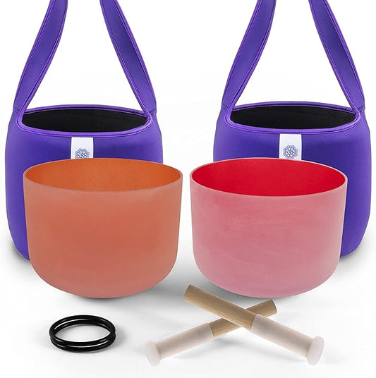 FMTY 10inch Crystal Singing Bowls set prefect pitch(±10HZ) Red(Root)+ Orange(Sacral) with Soft Carrying Bag Sound Bowls Chakra Bowl
