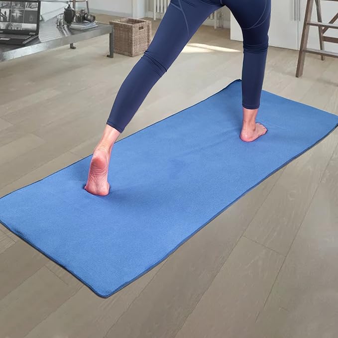 POLYTE Microfiber Hot Yoga Towel Mat with Non-Slip Silicone Grip and Secure Fit Elastic Straps, 24 x 72 in (Blue) - Bloomnest