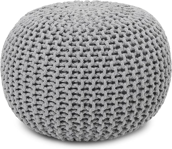 REDEARTH Round Boho Pouf Ottoman - Cable Knitted Cord Boho Pouffe - Stuffed Poof Accent Beanbag Footrest for Living Room - Nursery - Bedroom - Covered Patio - Study Nook (19.5"x19.5"x14") - Gray - Bloomnest