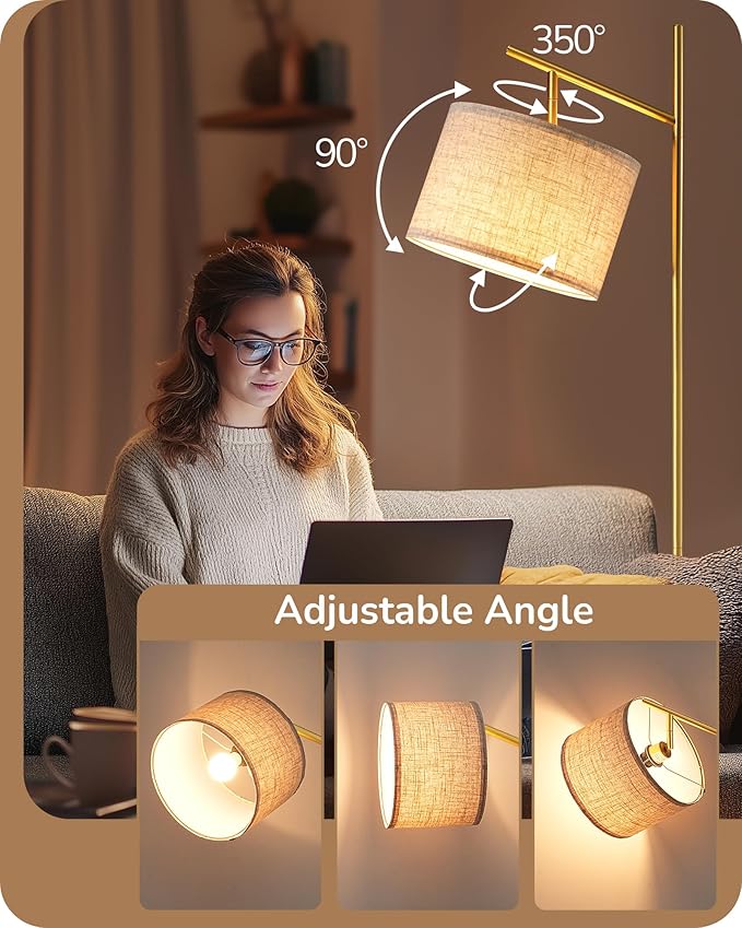 EDISHINE 64.7" Modern Minimalist Floor Lamps for Living Room with 3 Color Temperatures Bulb & Adjustable Linen Shade, Foot Pedal Switch, Tall Standing Lamp for Bedroom Office, Gold - Bloomnest