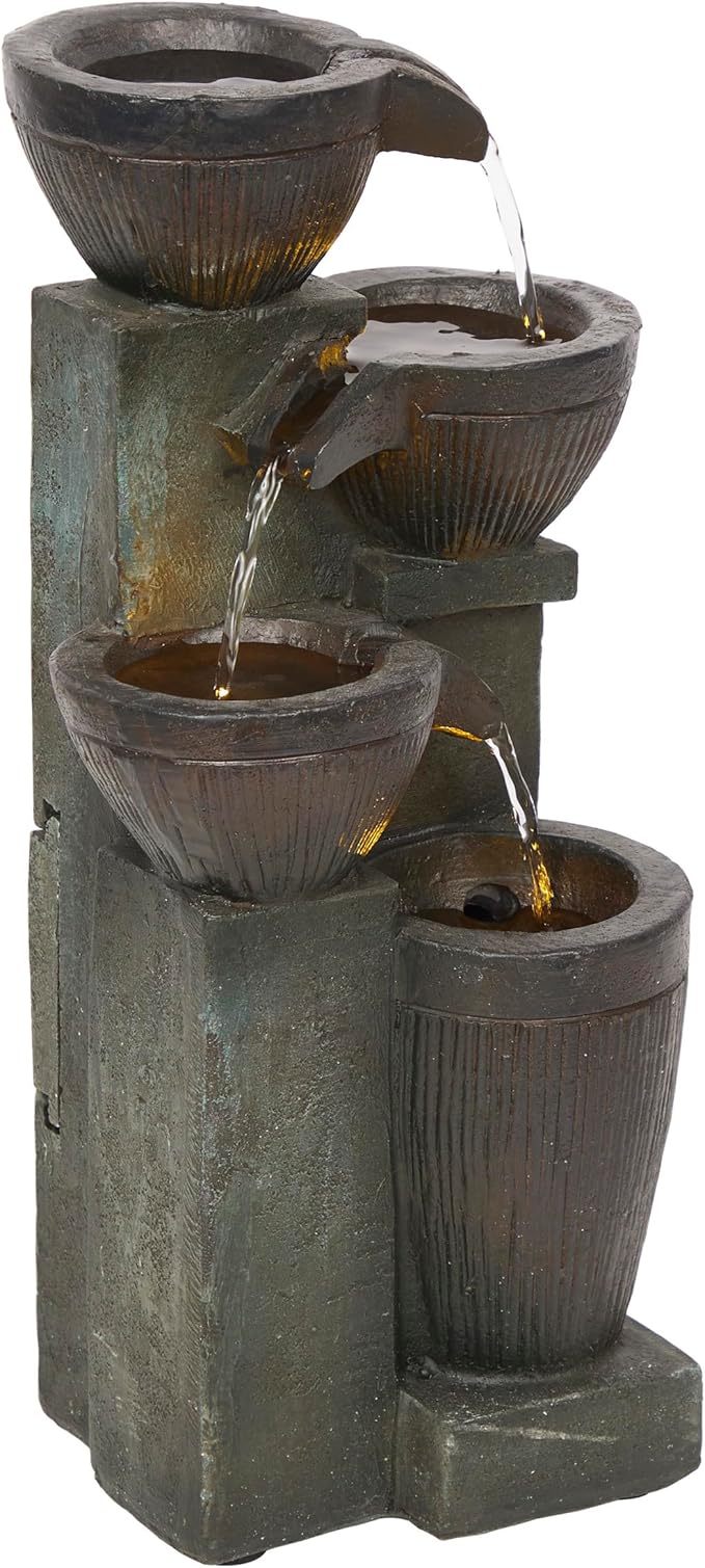 Alpine Corporation TZL416 14" Stoned Jar Water Fountain with Cascading LED Lights, Stylish Tabletop Water Feature for Home, Office, Living Room, Bedroom & Desk Decor, Gray - Bloomnest
