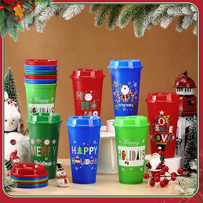 Pickmesh 12 Pack Christmas Reusable Coffee Cups Gift for Women 16 oz Coffee Cup Tumblers with Lid Plastic Cups Travel Mug Thank You Gifts for Hot and Cold Drinks(Novelty) - Bloomnest