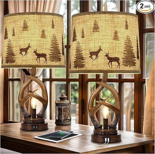 Scenekoy Rustic Farmhouse Antlers Table Lamp Set of 2 with Nightlight Dual USB Ports Linen Fabric Round Shade Bedside Lamp Decor for Living Room Bedroom Office House - Bloomnest