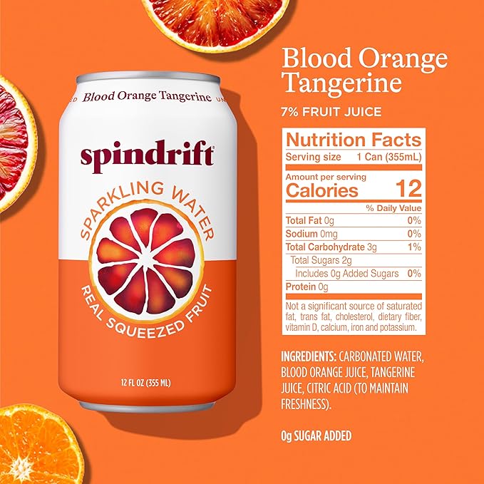 Spindrift Sparkling Water, Blood Orange Tangerine Flavored, Made with Real Squeezed Fruit, 12 Fl Oz Cans, Pack of 24 (Only 12 Calories per Can) - Bloomnest