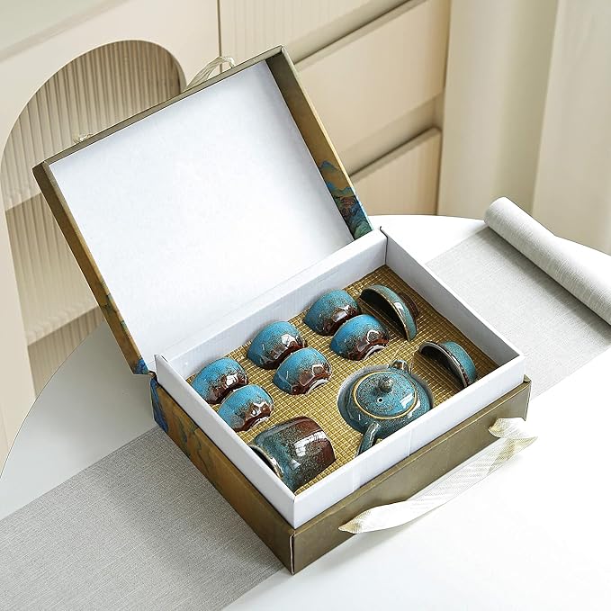 Chinese Tea Set, 10-Piece Ceramic Set with Teapot and Cups, Gongfu Tea Set,Tea Gift Sets,Outdoor and Office (Kiln-Changed Blue) - Bloomnest
