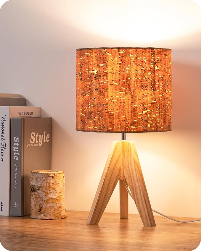 EDISHINE Small Table Lamp, Wooden Tripod Nightstand Lamp with Bark Linen Shade, Farmhouse Bedside Lamp for Nursery, Bedroom, Kids Room, Office, Reading Desk, 14.2 Inch, E26 Socket, ON/Off Switch - Bloomnest