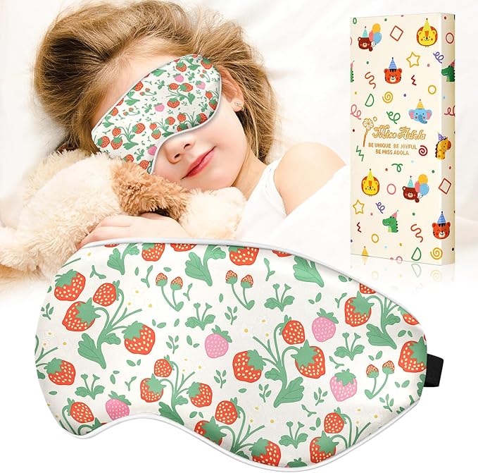 Kids Sleep Mask - Silk Eye Mask for Kids Cute Cartoon Cool Kawaii Soft Smooth Lightweight Boys Girls Teens Sleeping Mask with Adjustable Straps, Strawberry - Bloomnest