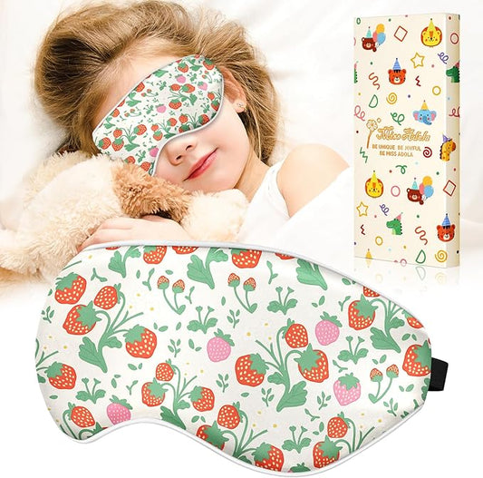 Kids Sleep Mask - Silk Eye Mask for Kids Cute Cartoon Cool Kawaii Soft Smooth Lightweight Boys Girls Teens Sleeping Mask with Adjustable Straps, Strawberry - Bloomnest