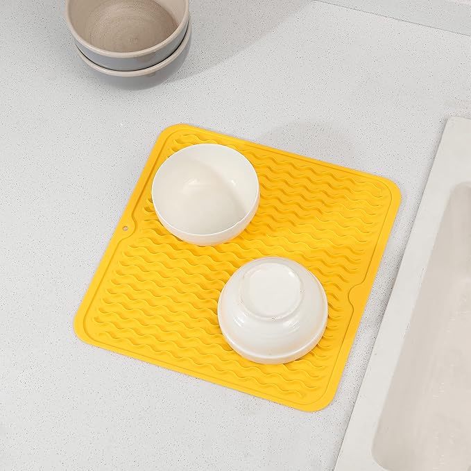Silicone Dish Drying Mat for Multiple Usage,Easy clean,Eco-friendly,Heat-resistant Silicone Mat for Kitchen Counter or Sink,Refrigerator or Drawer liner Yellow M 12 inches x 12 inches - Bloomnest