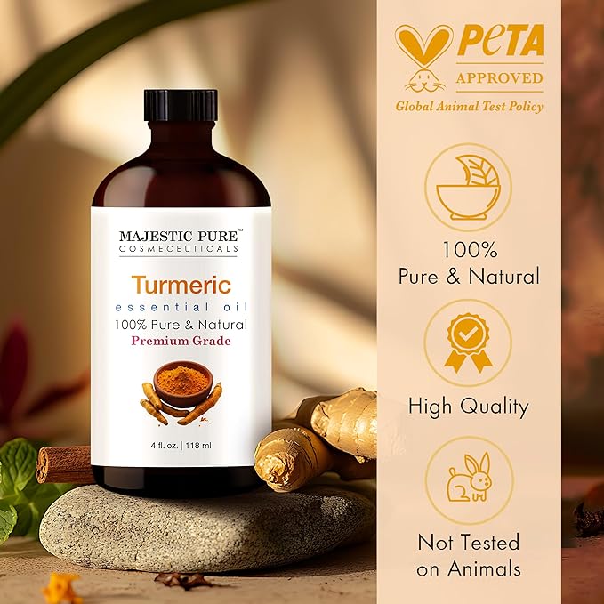 Majestic Pure Turmeric Essential Oil with Glass Dropper - 4 Fl Oz - 100% Pure and Natural Turmeric Oil - Premium Grade Essential Oils for Diffuser, Aromatherapy, Soap and Candle Making - Bloomnest