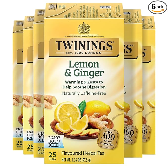 Twinings Lemon & Ginger Herbal Tea Individually Wrapped Bags, 25 Count (Pack of 6), Spicy Ginger, Lemon Peel, & Lemongrass, Naturally Caffeine-Free, Enjoy Hot or Iced, 150 Teabags - Bloomnest
