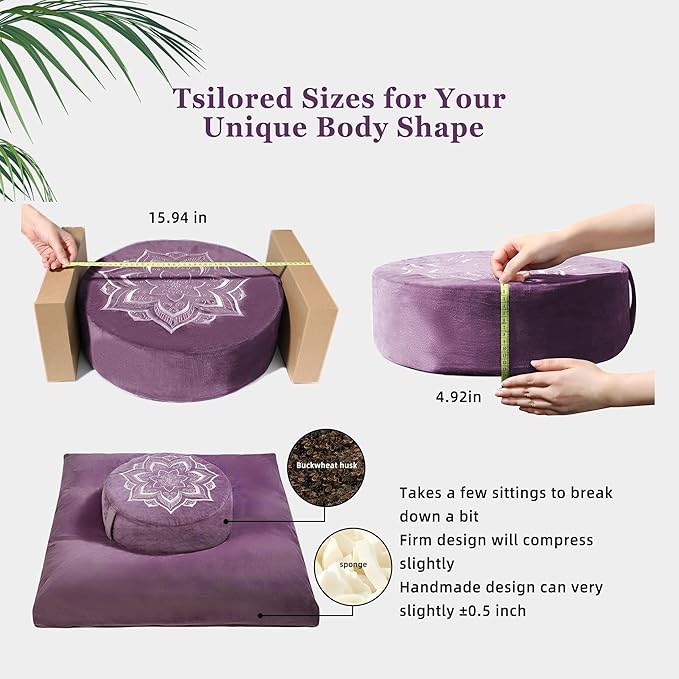 Meditation Zafu Cushion Set with Buckwheat Hulls & Memory Foam - Ergonomic Support for Yoga & Sitting - Removable Machine-Washable Luxury Velvet Cover - for Adults and Kids (Purple)