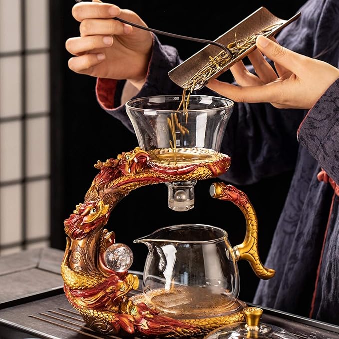 Glass Teapot Set with Infuser Semi Automatic Dragon Tea Set (Red golden teapot) - Bloomnest