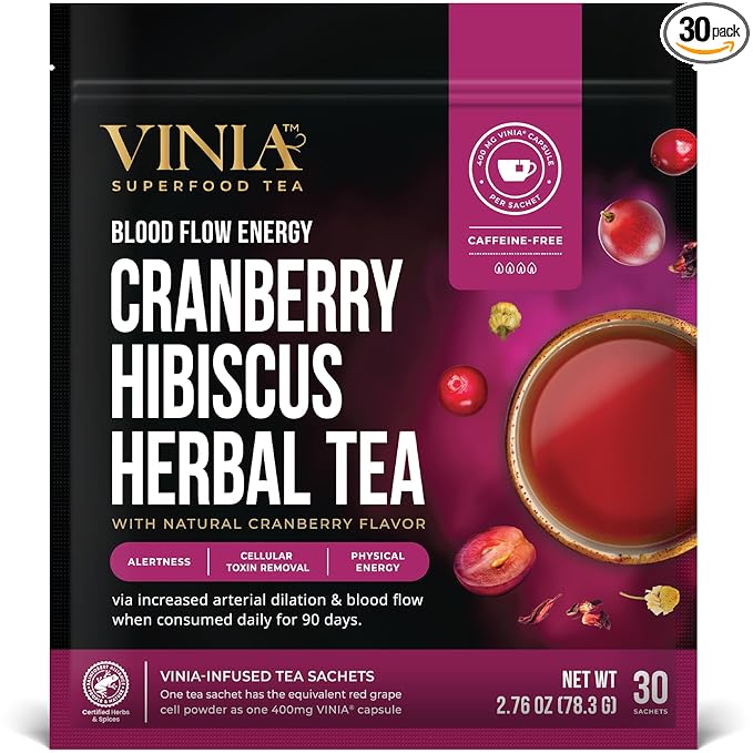 VINIA Cranberry Hibiscus Herbal Tea Bags, Made with Organic Herbal Tea, Infused with Piceid Resveratrol for Heart Health, Nitric Oxide, Physical Energy, Alertness, Blood Flow, Keto, Kosher, NON-GMO. 30 Ct - Bloomnest