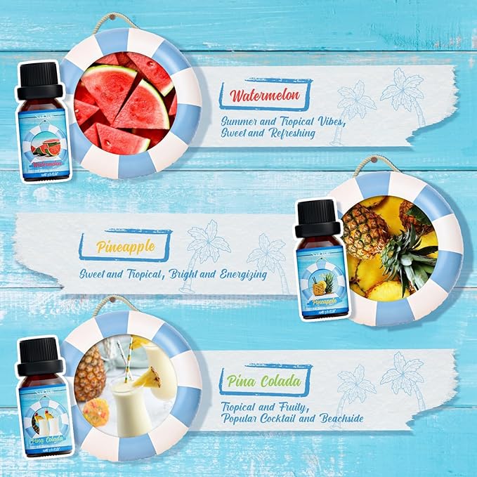 Summer Essential Oils Set, Fragrance Oil Gift Set for Oil Diffusers, Scented Oils for Soap Candle Making 6x10ml - Sea Breeze, Pineapple, Watermelon, Coconut, Pink Beach, and Pina Colada - Bloomnest