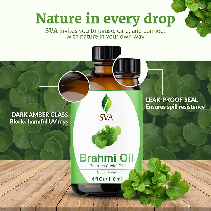 SVA Brahmi Oil - 4 Fl Oz – 100% Natural Cold Pressed Brahmi Oil - for Face, Skin Care, Hair Care, Scalp Massage & Body Massage – Carrier Oil with Dropper - Bloomnest