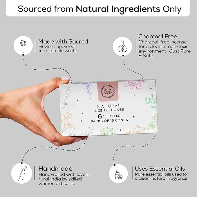 Raajsee Natural Incense Cones,6 Pack Mixed Scents Gift Pack 15 pc Each (90 Total), Insense Cones Variety Pack, 100% Organic Non Toxic Natural - Hand Rolled Free from Chemicals (Pack 3) RAAJSEE