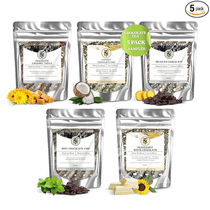Nelson's Tea Chocolate Sampler Pack Tea - Loose Leaf Tea Sampler - Choc. Caramel Turtle, Coconut Choc Chai, Mexican Chocolate, Mint Chocolates Chip, Peppermint White-Chocolate - Sample Sizes - Bloomnest