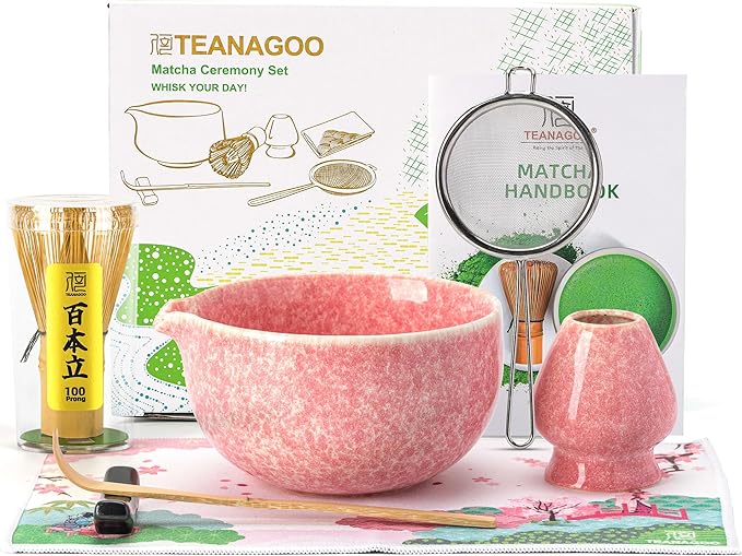 TEANAGOO Matcha Whisk Set,7 Pcs Matcha Set Pink,Ceremony Matcha Kit,Matcha Tea Set for Making Latte,Ceramic Bowl(chawan) whith Spout and Whisk,Gift for Matcha Lovers - Bloomnest