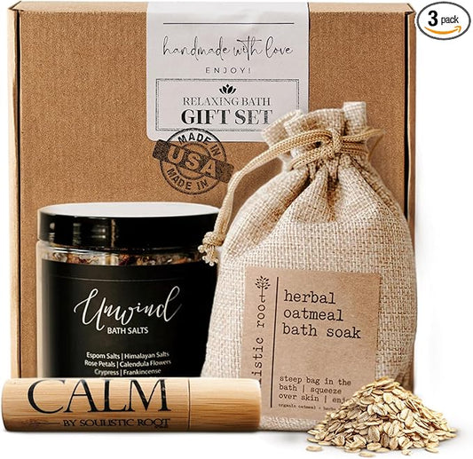 SOULISTIC ROOT Revitalizing Bath Gift - Premium Self-Care Bath & Body Set with Lavender Oatmeal Soak, Tranquil Essential Oil Roller, Epsom Salt Soak, Home Spa Kit, Valentine's Day Ready-to-Gift Box - Bloomnest