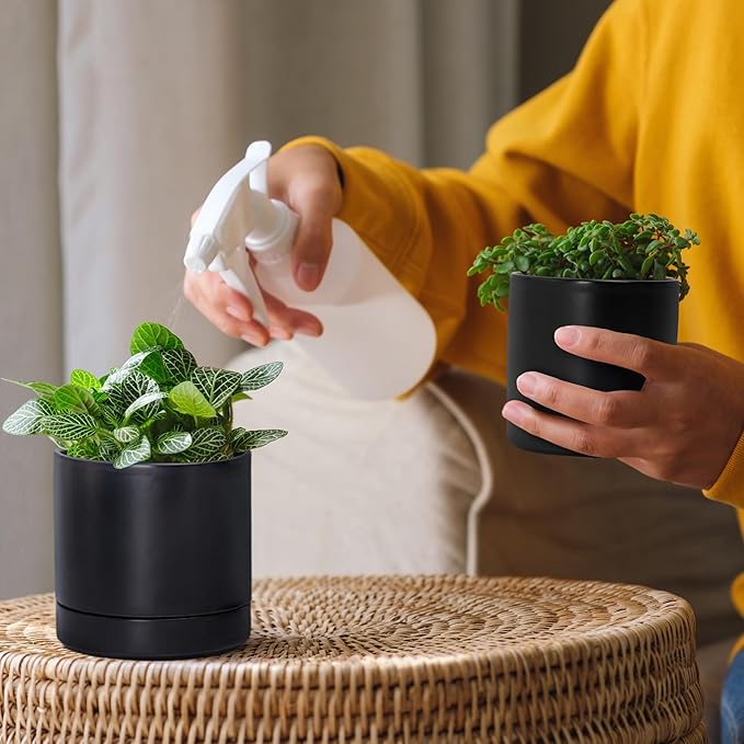 D'vine Dev 3.5 Inch & 4.7 Inch Ceramic Planter Pots for Plants with Drainage Hole and Saucer, X-Small Plant Pots Set, Black, 94-G-XS-2 - Bloomnest