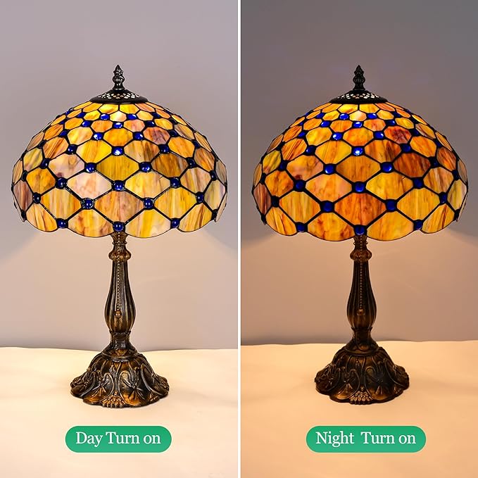 Tiffany Lamp Vintage Gradient Green Stained Glass Bead Table Lamp Desk Bedside Reading Light Decor Bedroom Living Room Home Office D12*H18 Inches (Gradient Green) - Bloomnest