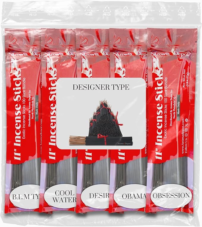Designer Type11'' Incense Sticks - Variety Set 500 Pack - 11 inch - 5 Bundles 100 Sticks Per Fragrance Scent. Set Features Black Liver Matter, Kool Water, Desire, Obama & Obsession Type AromaDepotInc